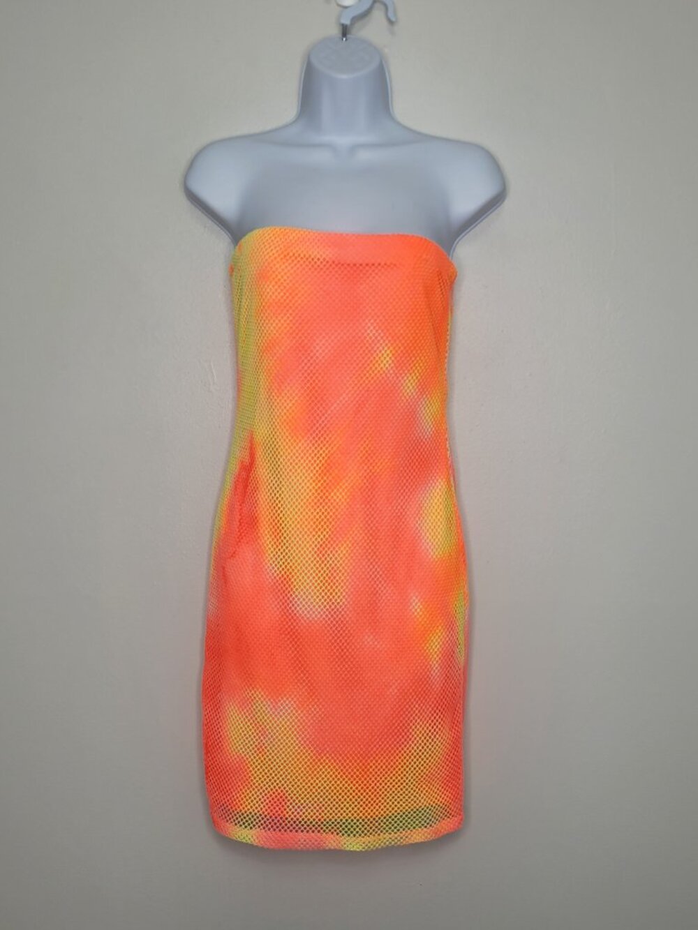 Love J neon orange yellow fishnet rave party club strapless mini dress size M